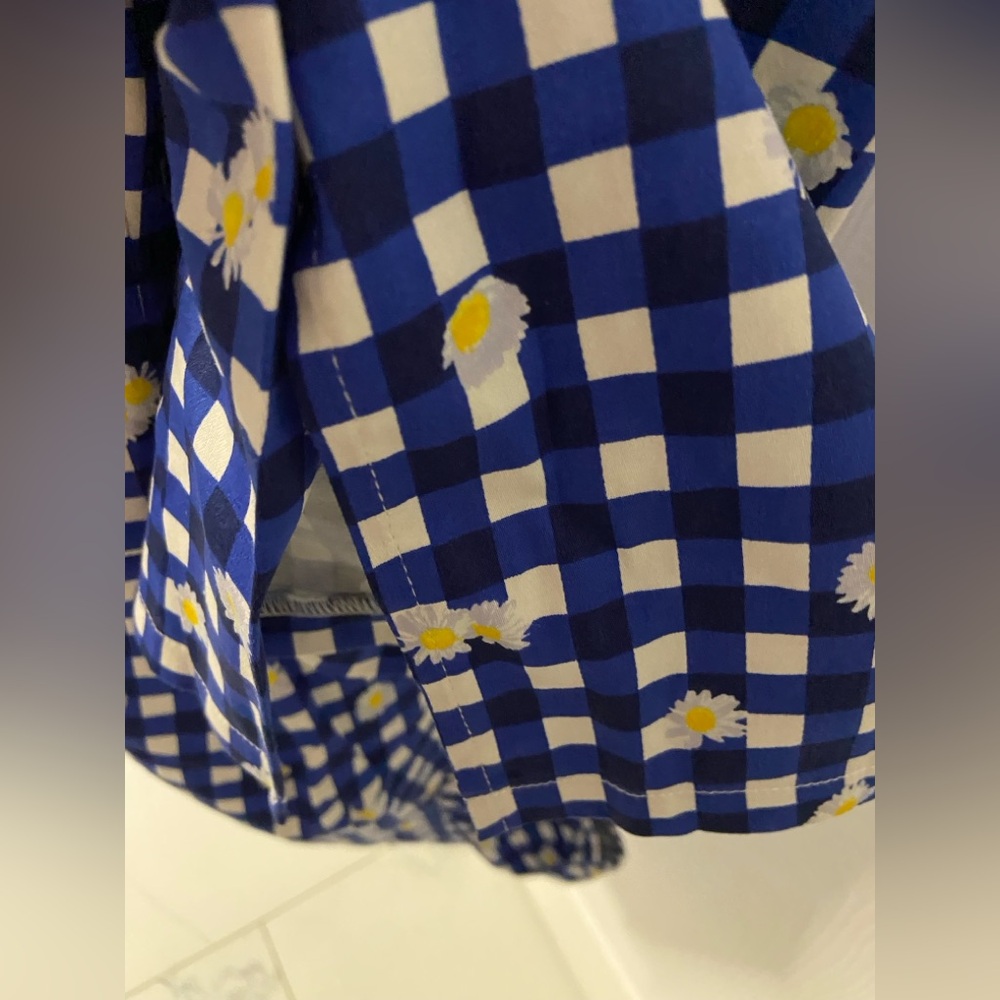 T34a- COLLECTIF LONDON Blue-White GINGHAM Plaid DAISIES Midi DEMIRA Sheath Dress - Picture 6 of 10